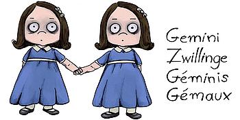 Comic von zwei Mädchen, die eineiige Zwillinge sind. Daneben das Wort Zwillinge in vier sprachlichen Versionen