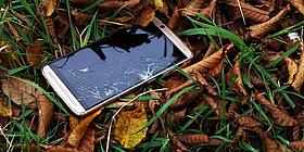 Handy, Smartphone, Bildschirm gebrochen, Wiese, Gras, Blätter, Herbst
