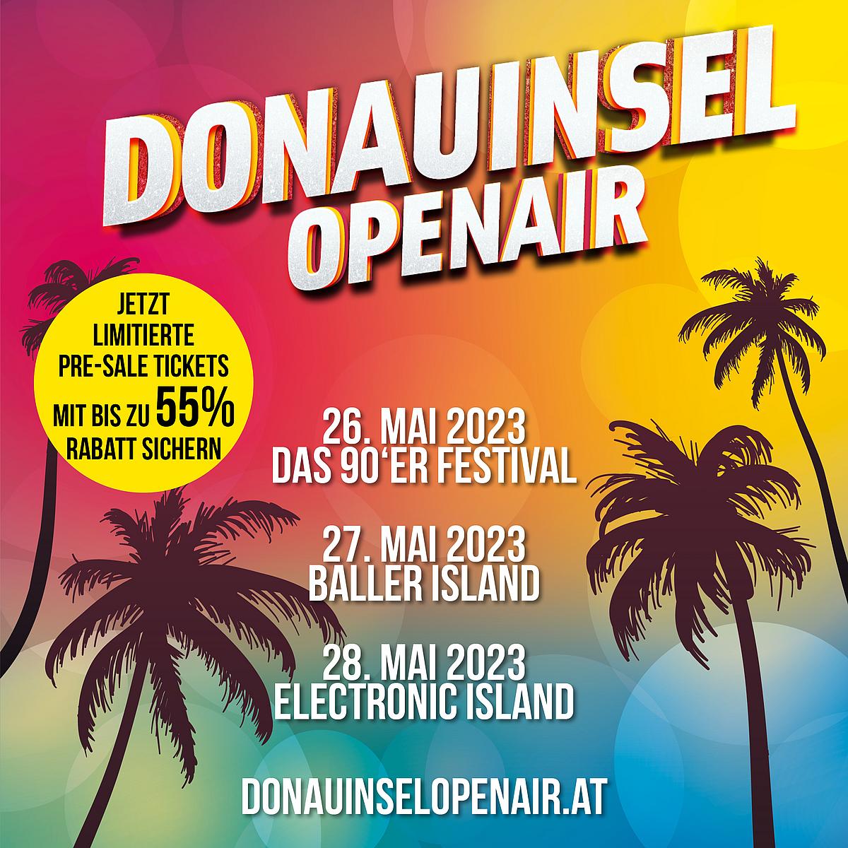 Das Bild zeigt einen Werbebanner für das Donauinsel Open Air Festival.