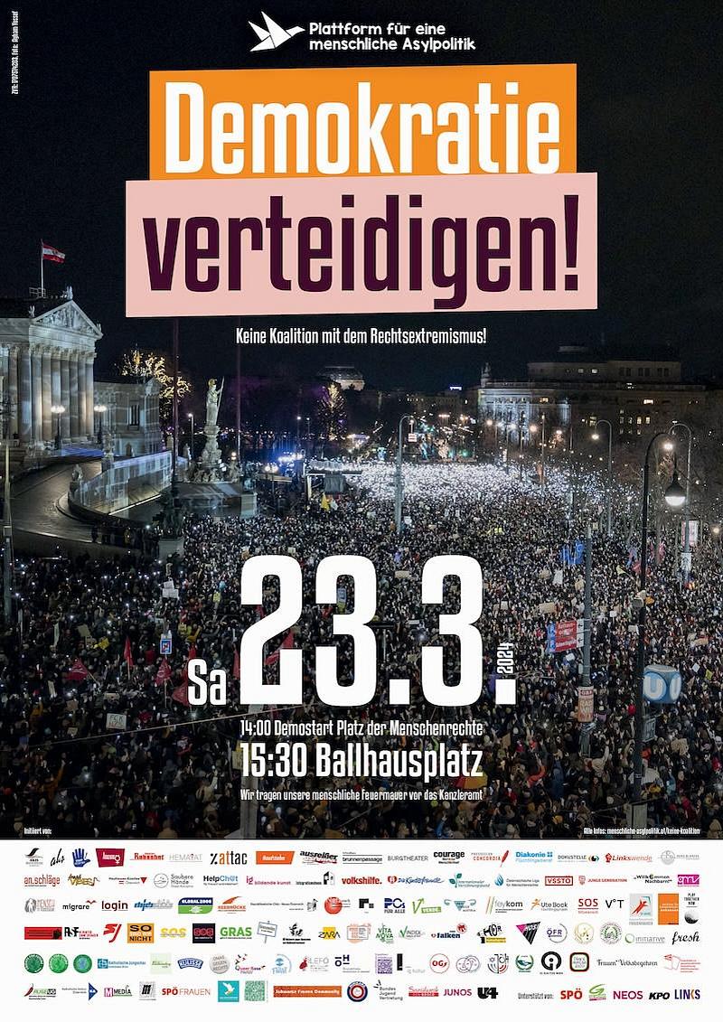 Plakat mit Aufruf zur Demonstration in Wien
