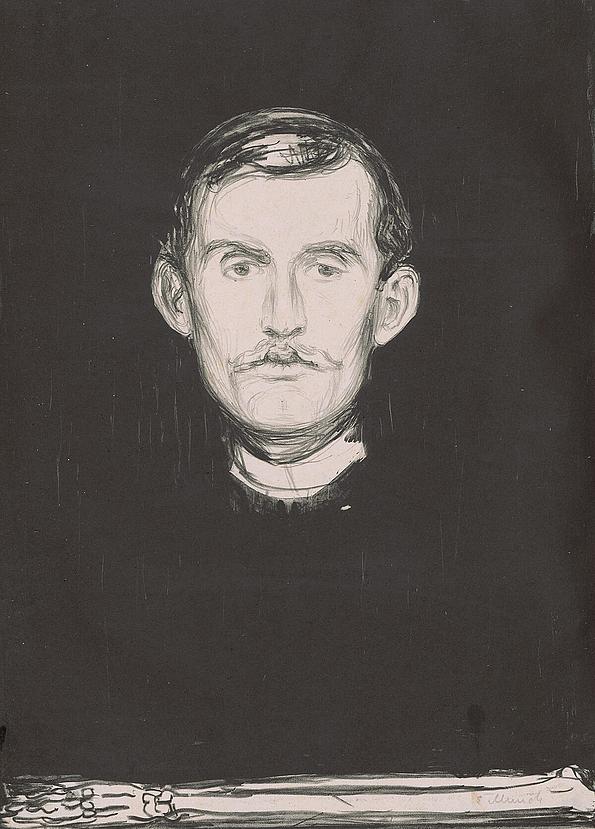 Selbstporträt (mit Knochenarm) von Edvard Munch, 1895: Lithographie mit Lithokreide, -tusche und Nadel in Schwarz