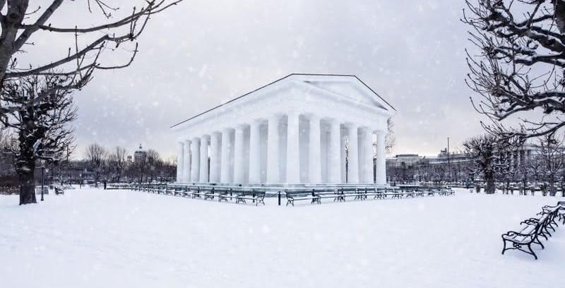 Ein weißer Tempel steht auf einem schneebedeckten Platz