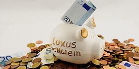 Das Bild zeigt ein Sparschwein auf einem Haufen an Münzen und Geldscheinen.