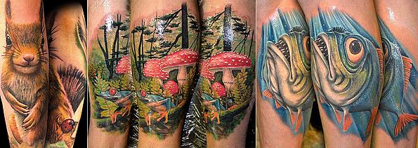 farbige Tattoo Arm und Bein Hase, Fisch, Pilz
