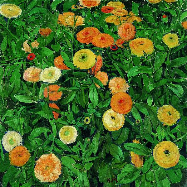 Gemälde von Moser das saftige grüne Wiese mit orangenen und gelben Ringelblumen zeigt