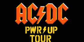 Großes AC/DC-Logo vor schwarzem Hintergrund + Schriftzug: "PRW/UP Tour"