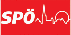 Weisse Schrift "SPÖ" und weiße Umrisse von Stephansdom, Riesenrad und Karlskirche auf rotem Hintergrund.
