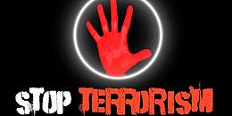 Rote Hand darunter der Schriftzug "Stoppt Terrorismus"