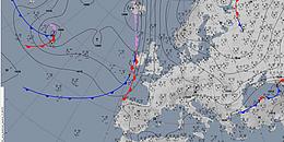Okklusion: Zusammenschluss von Warmfront und Kaltfront auf einer Bodenwetterkarte Europas; Grafik: DWD-Deutscher Wetterdienst