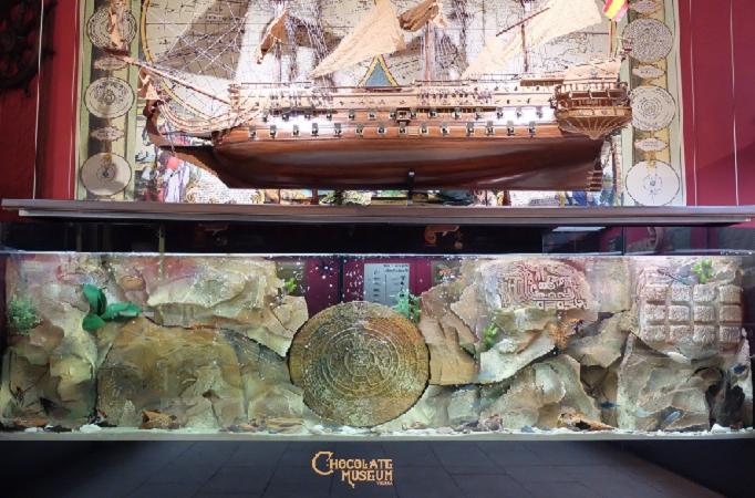 kleines Holzschiff über Aquarium als Ausstellungstück im Musem