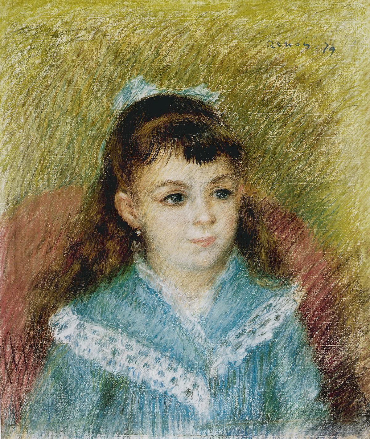 Portrait eines Mädchens in einem türkisen Kleid und mit rotbraunen langen Haaren von Renoir.