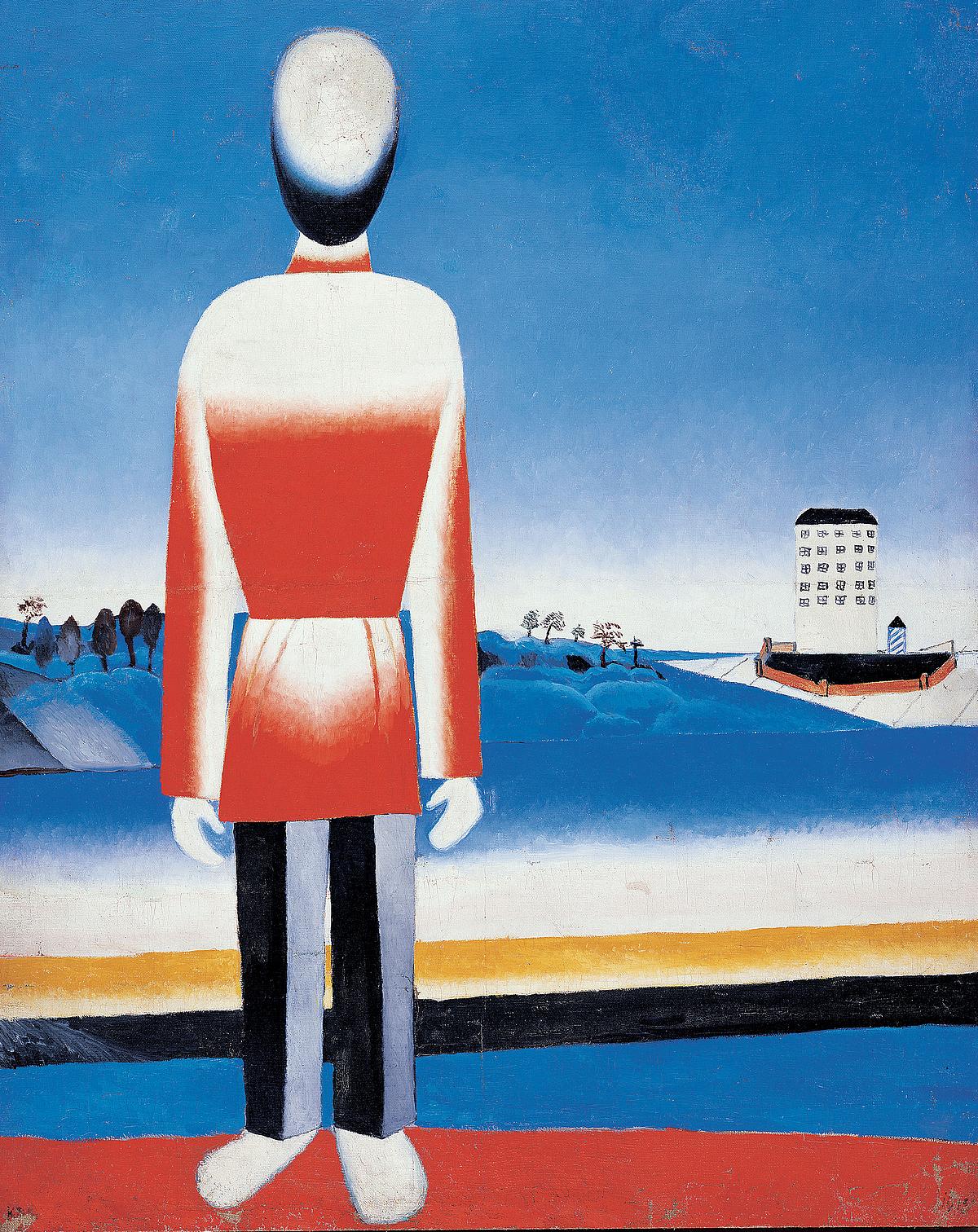 Kunstwerk von Malewitsch zeigt einen Mann in roter Jacke und blauer Hose von hinten der seinen Blick auf eine suprematistische Landschaft wirft.