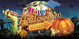 Grafik mit Aufschrift Happy Halloween Party mit Kürbis Hand mit Zuckerl