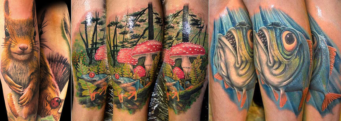 Verschiedene Tattoo-Motive in Farbe: Hase, Fliegenpilz, Piranha