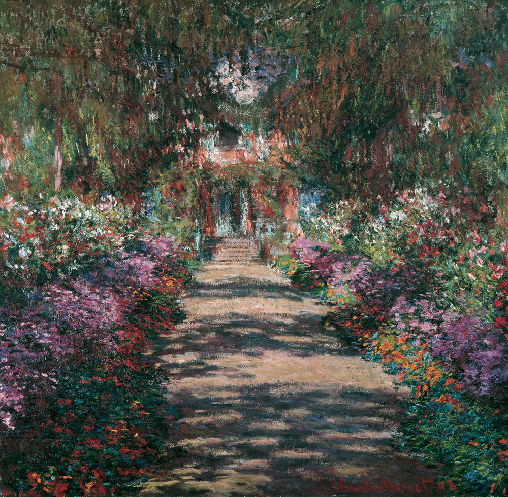 Bekanntes Werk von Claude Monet mit Titel Weg in Monets Garten in Giverny zeigt einen Weg umgeben von bunten Blumen