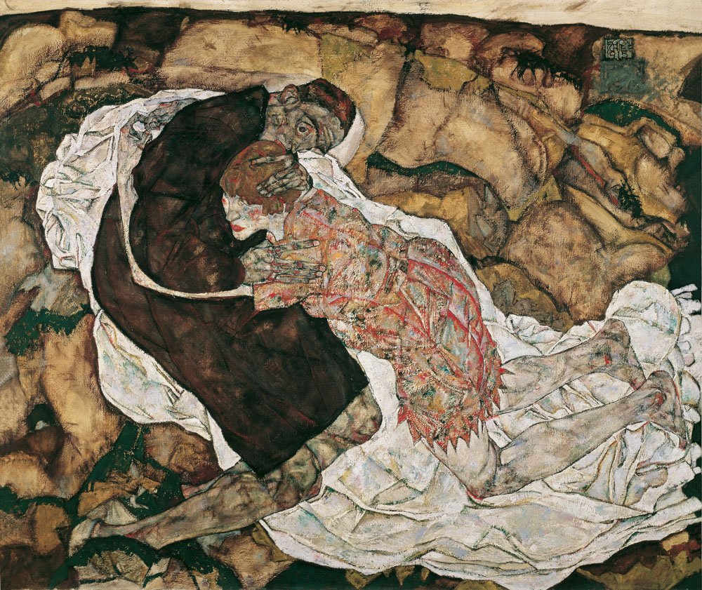 Egon Schieles Werk Tod und Mädchen zeigt zwei Körper, die scih kniend umarmen, davon Mädchen mit hellerer Haut als Gestalt des Todes