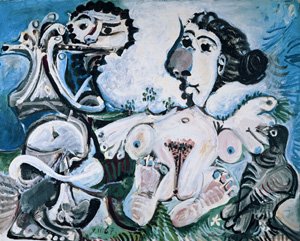 Pablo Picasso, Nackte Frau mit Vogel und Flötenspieler, 1967