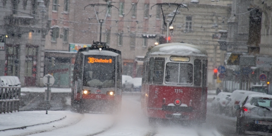 Zwei Straßenbahnen im Schnee