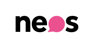 Schwarzer Schriftzug "neos", mit pinker Sprechblase statt O