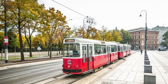 Wiener Straßenbahn hält an einer Haltestelle an.