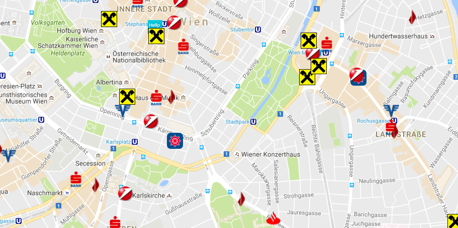 Karte der Wiener Innenstadt mit Bank Filialen