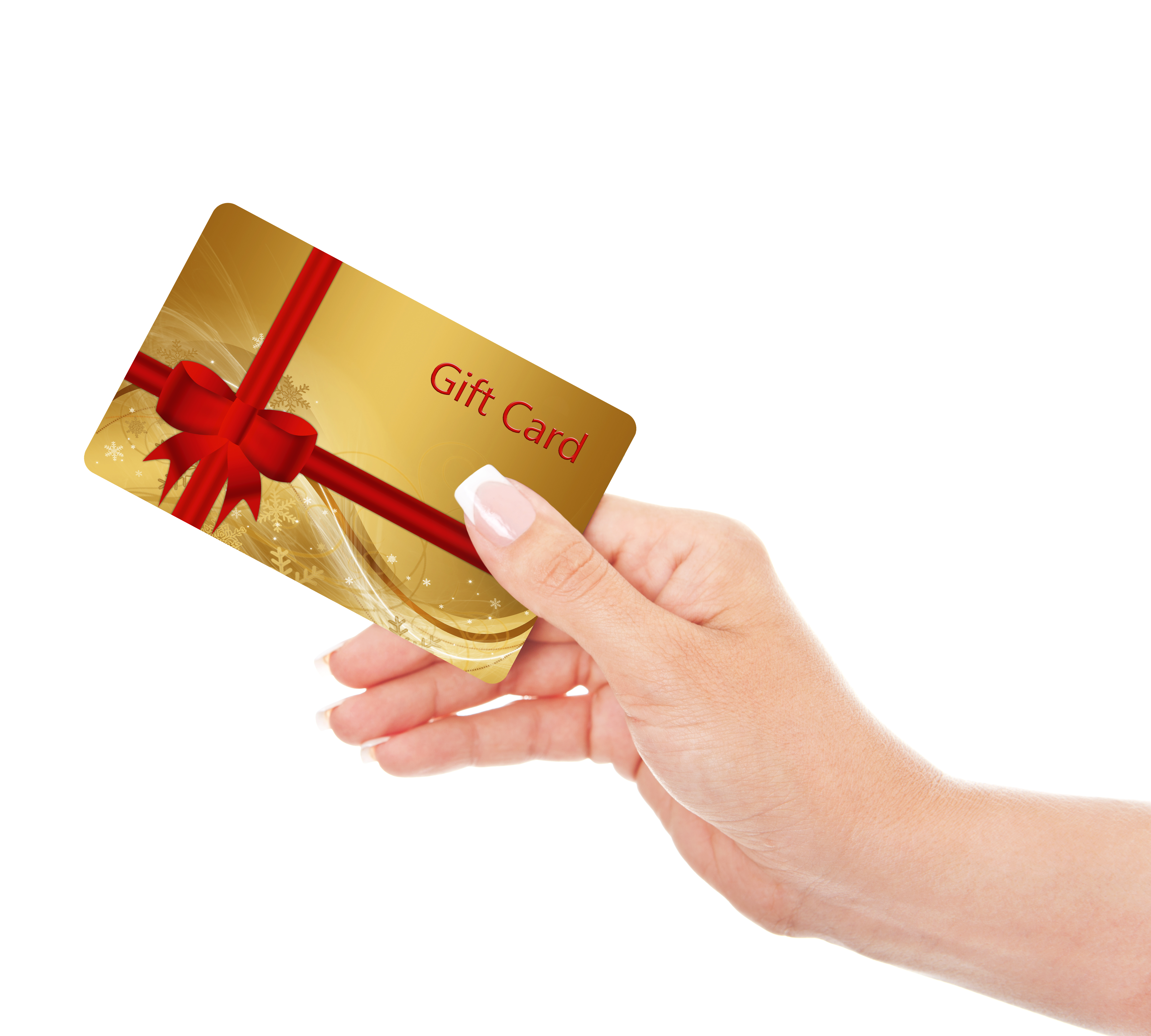 Eine Hand hält eine goldene Geschenkkarte mit roter Schleife