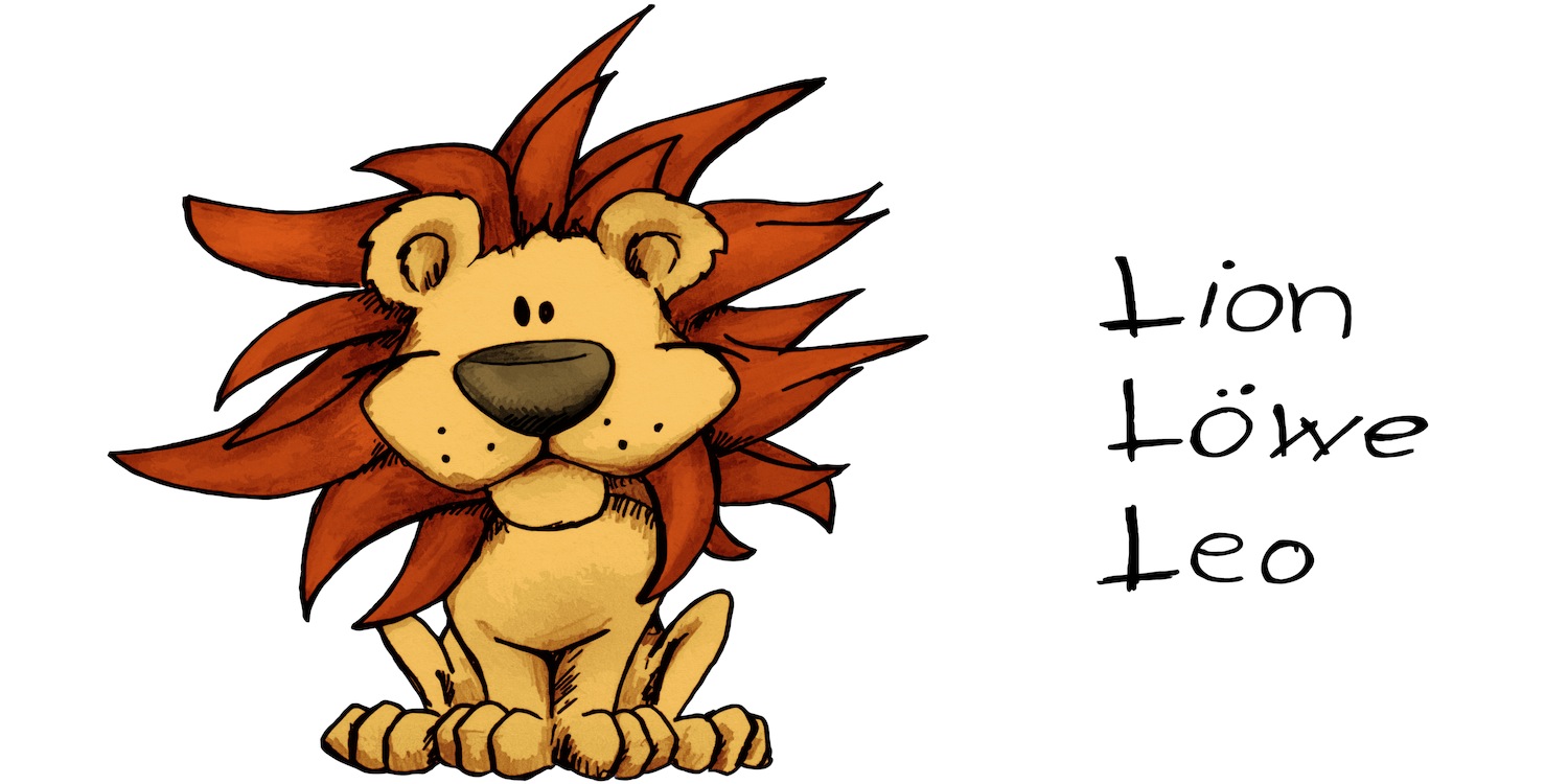 Das Tier Löwe als verniedlichter Comic mit dem Wort Löwen in drei Sprachen rechts daneben.