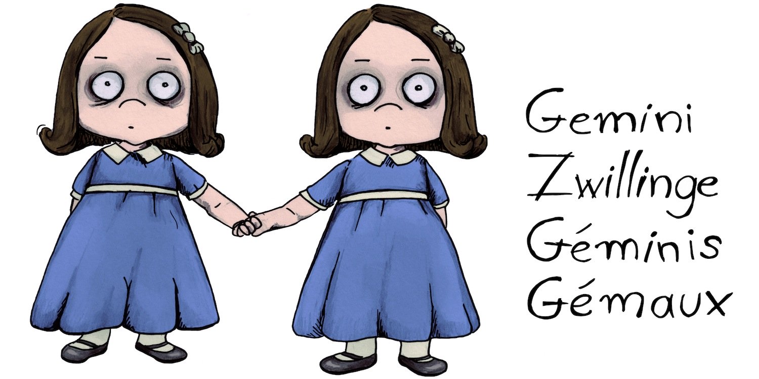 2 Mädchen in blauem Kleid gezeichnet mit Schrift rechts Gemini, Zwilling, Géminis, Gémaux