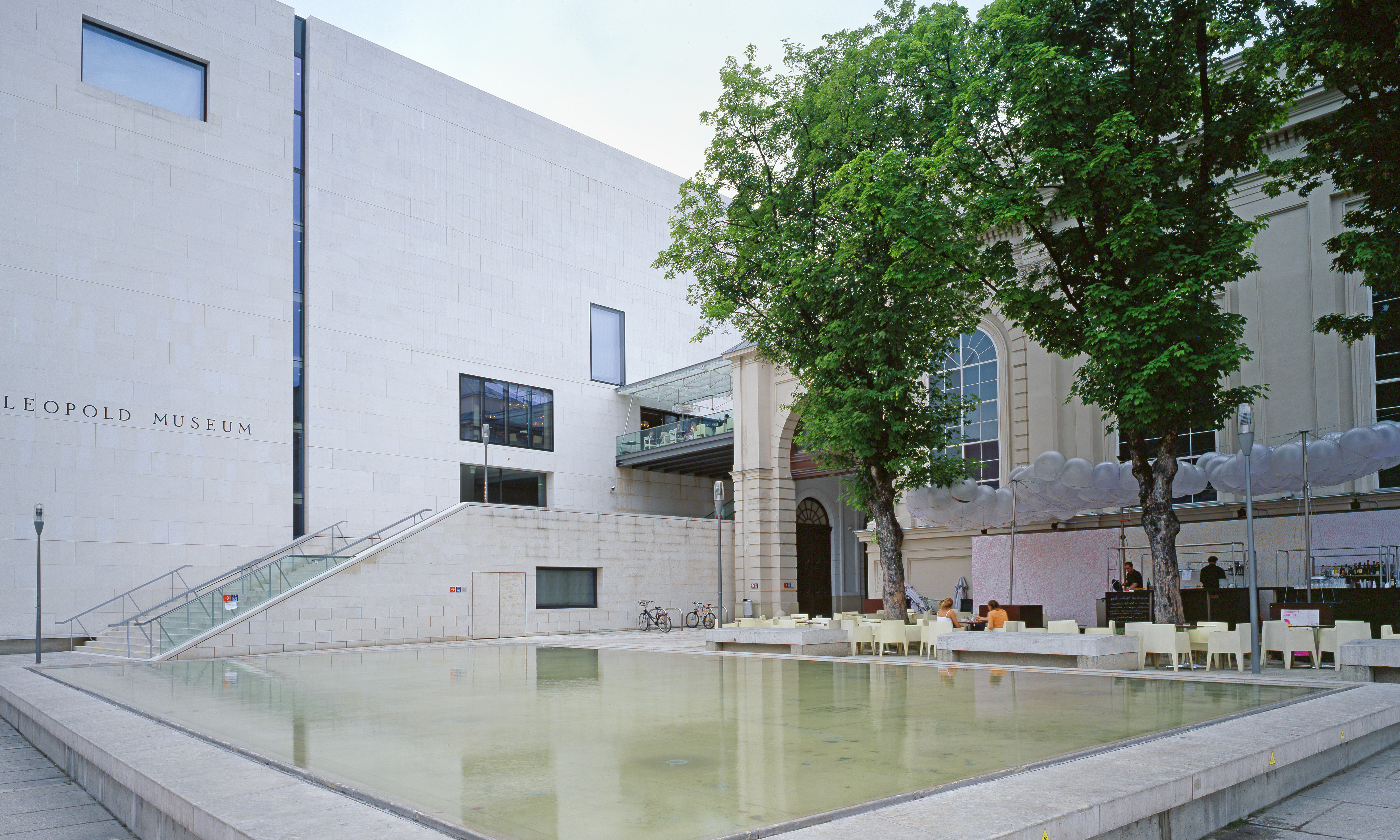 Außenansicht Leopold Museum Wien mit kleinem Teich davor und grünem Bäumen im Bild