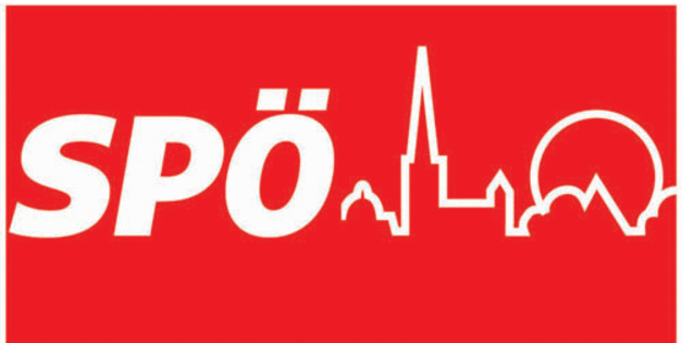 Weisse Schrift "SPÖ" und weiße Umrisse von Stephansdom, Riesenrad und Karlskirche auf rotem Hintergrund.