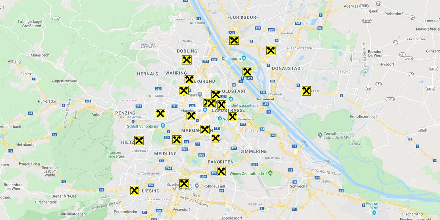 Karte der Raiffeisen Standorte in Wien
