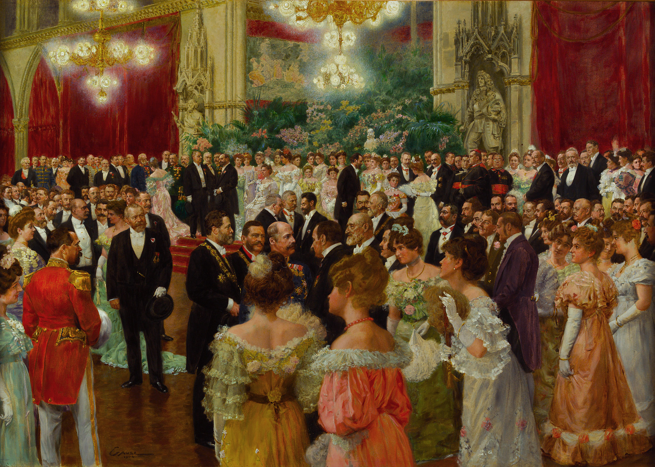 Bild von Wilhelm Gause vom Ball der Stadt Wien in 1900, gemalt 1904. Im Bild zu sehen die damalige Stadt-Elite u.a. der damalige Bürgermeister Karl Lueger. 