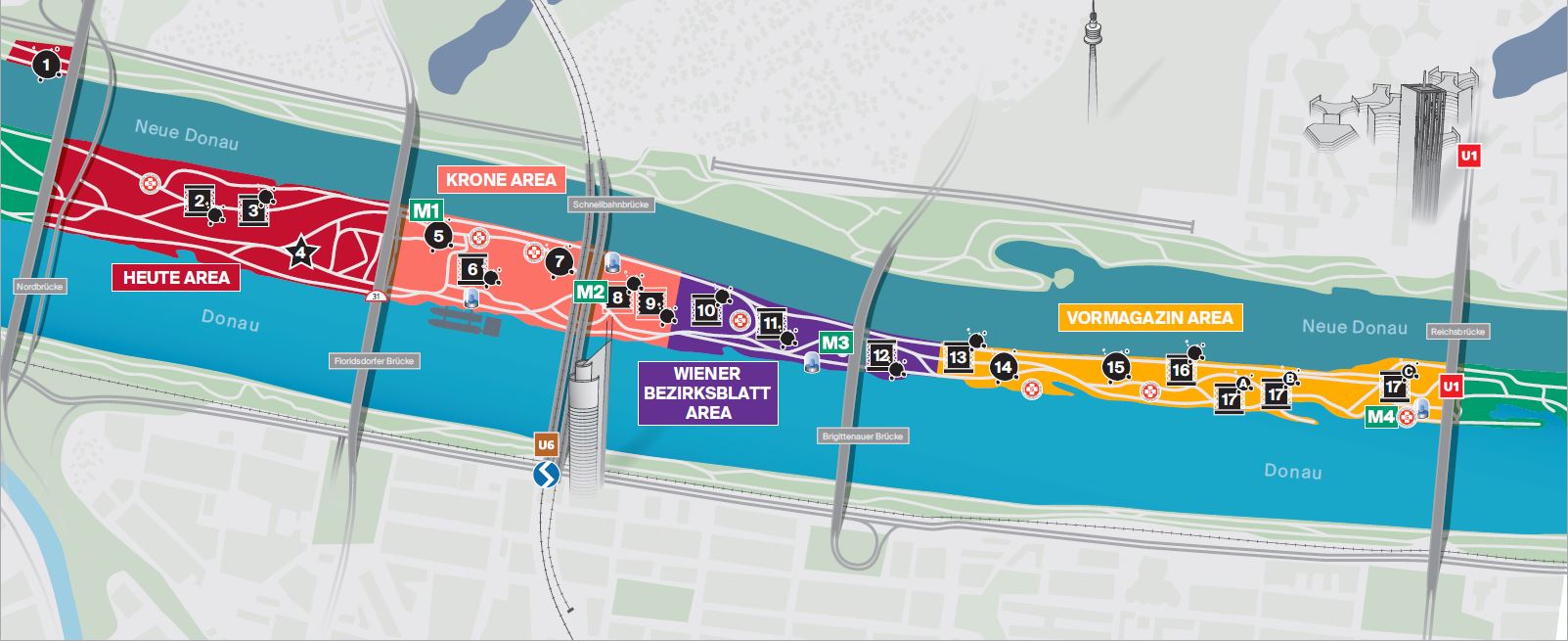 Plan zum Donauinselfest mit allen Bühnen und Standorten
