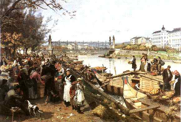 Malerei vom Markttreiben am Schanzelmarkt aus 1895