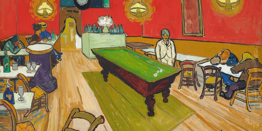 Gemälde zeigt ein Lokal in bunten Fraben mit einem Mann neben einem Pooltisch