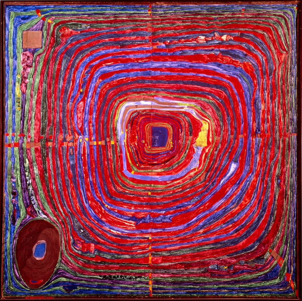 Labyrinth aus kreisförmigen Wegen in den Farben Rot, Pink und Violet von Hundertwasser