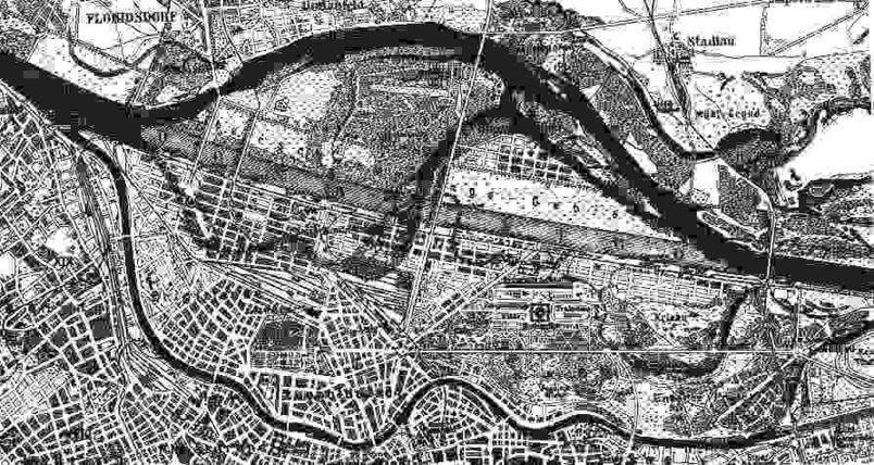 Schwarz-weiß Karte von Wien mit Donau und Auen 