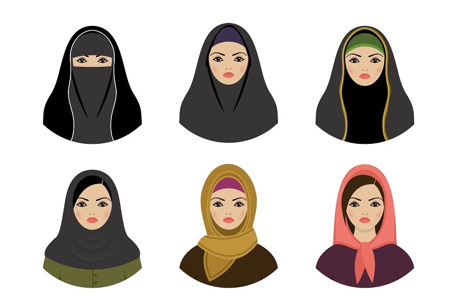 Sechs Frauen, die eine Form von Kopftuch tragen