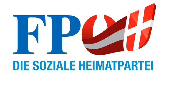 Blaues F und blaues P. Rotes O aus dem eine rot-weiß-rote Fahne hervorgeht, die in einem Wien Wappen endet. Darunter der Schriftzug " die soziale Heimatpartei". 
