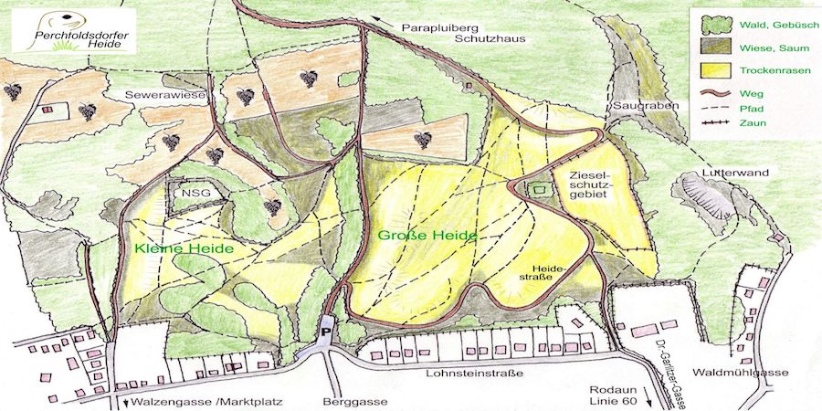 Geländeplan mit gelben, grünen und braunen Flächen, eingezeichnete Wege, Pfade und Zäune, Lageplan