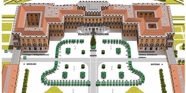 Plan vom Weihnachtsmarkt Schönbrunn mit einzelnen Ständen