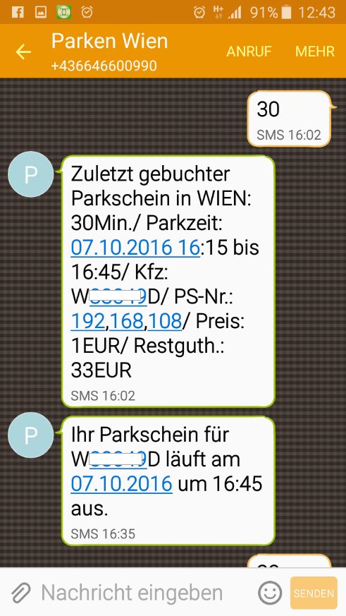 Screenshot Parkschein kaufen mit SMS