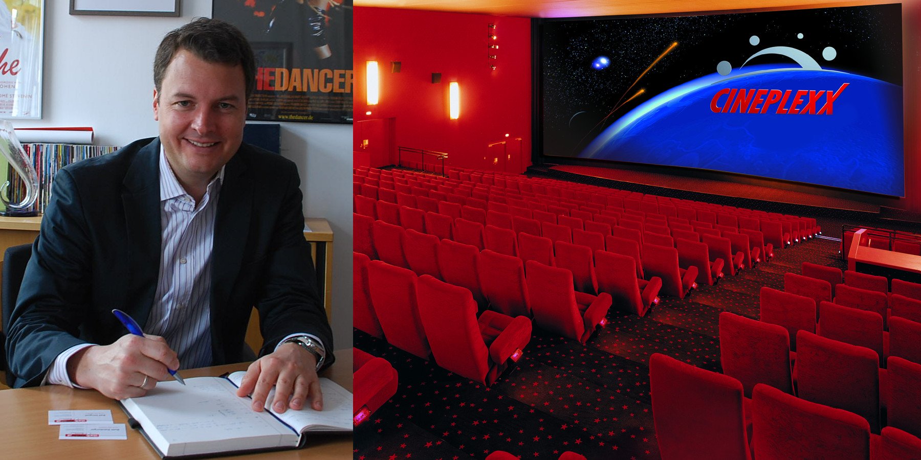 Links Christof Papousek, rechts ein Cineplexx Kinosaal, Sitze und Wände in Rot. 