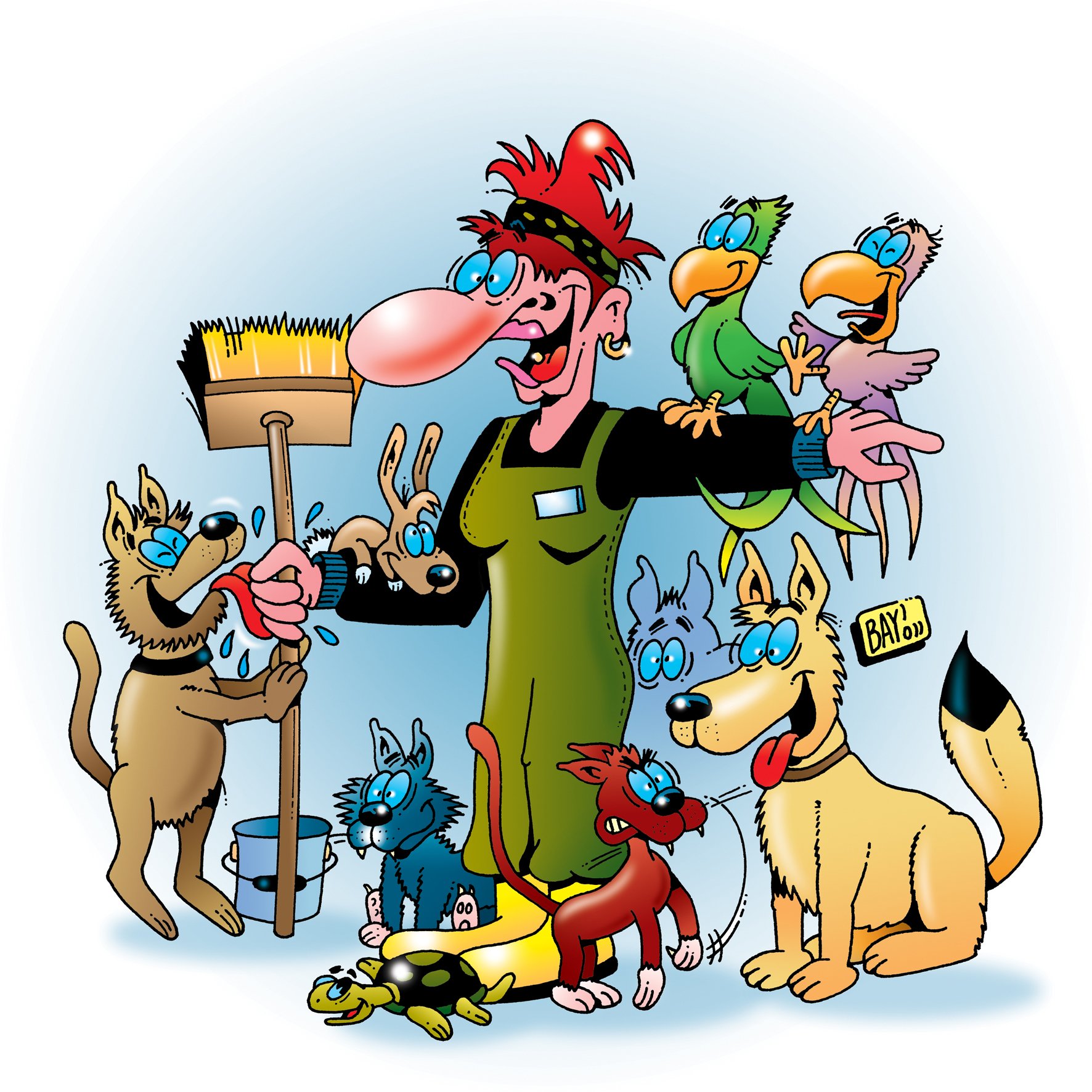 Cartoon einer Pflegerin mit vielen verschiedenen Tierrassen