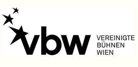 Logo der Vereinigten Bühnen Wien. Schriftzug VBW mit drei schwarzen Sternen.