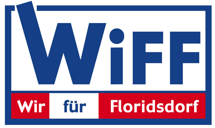 Blauer Schriftzug WiFF darunter "Wir für Floridsdorf" auf rot-weiß-rotem Hintergrund
