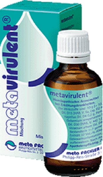 Flasche neben Verpackung von metavirulent