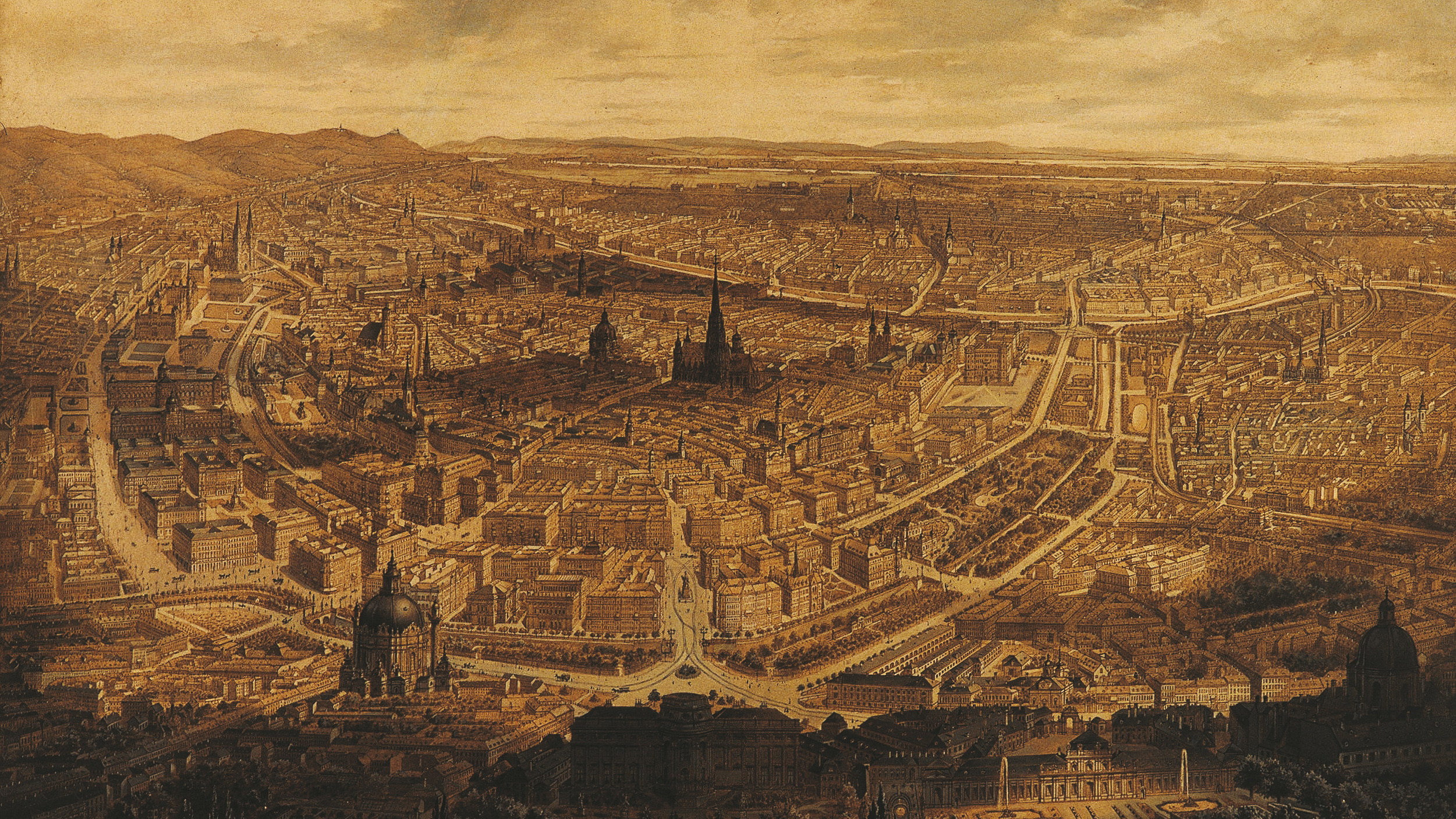 Bild von historischem Stich von der Stadt Wien. Im Zentrum ragt der Stephansdom über die ihn umgebenden Häuser.