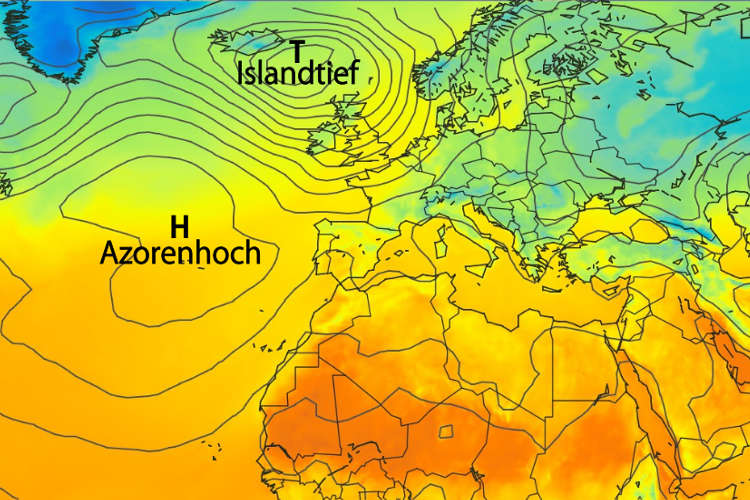 Nordatlantische Oszillation: Azorenhoch und Islandtief- Farbe zeigt Temperaturverteilung in 2m Höhe