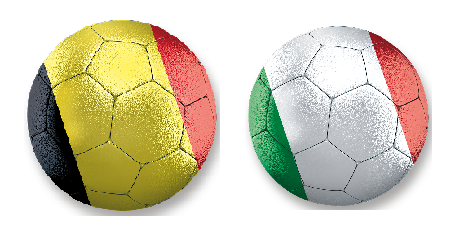 Zwei Fußbälle in den Nationalfarben von Belgien und Italien